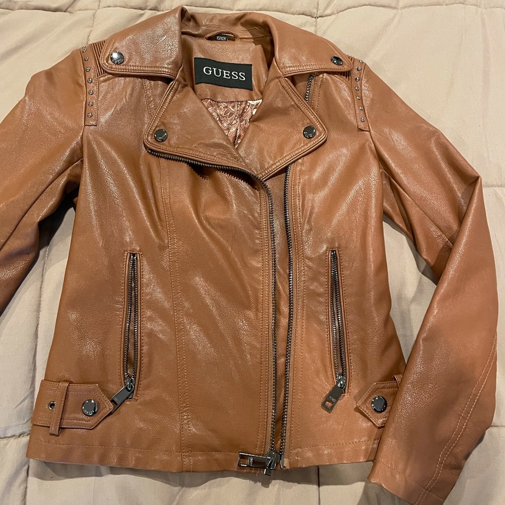 GUESS brown moto jacket faux leather